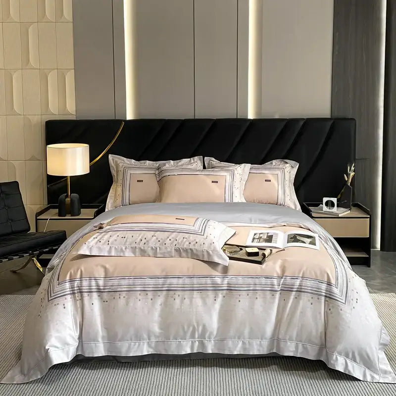 Luxury blush pink and silver satin egyptian cotton flower bedding set with geometric embroidery for bedroom use