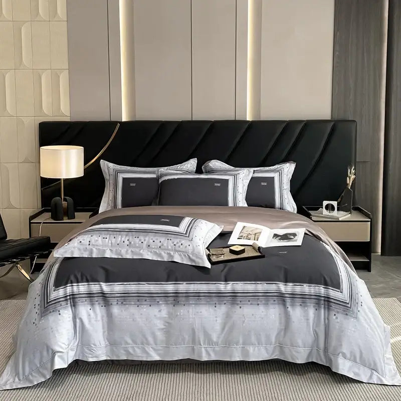 Black and silver patterned duvet bedding set featuring elegant egyptian cotton flower design for modern bedrooms