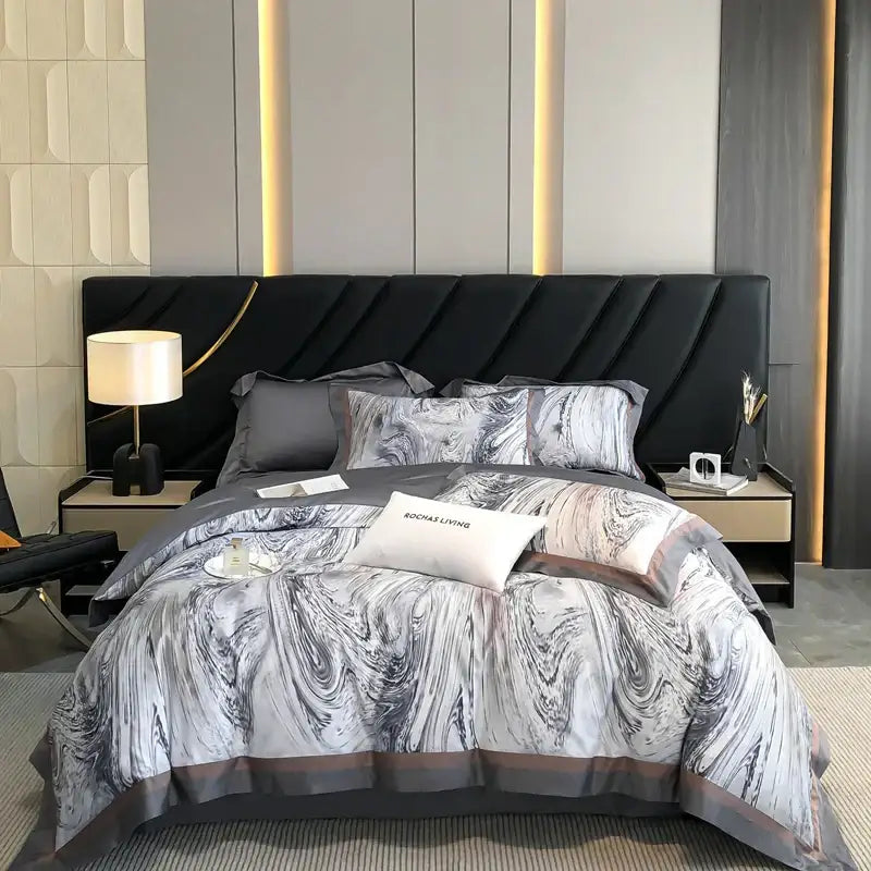 Black and gray marble-patterned cotton flower bedding set with subtle brown trim for luxury egyptian cotton flower use