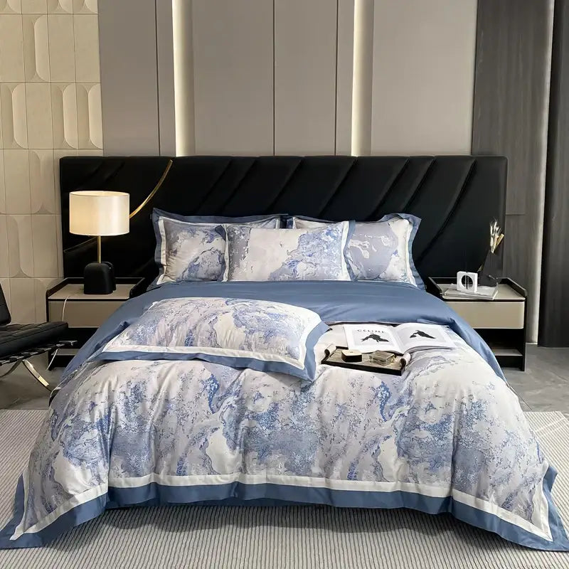 Blue and white patterned bedding set with a marble-like design for luxury egyptian cotton flower cotton flower bedding