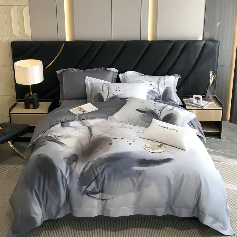 Gray and white abstract water ink patterned satin bedding set with rochas living branding in a luxury cotton flower bedroom