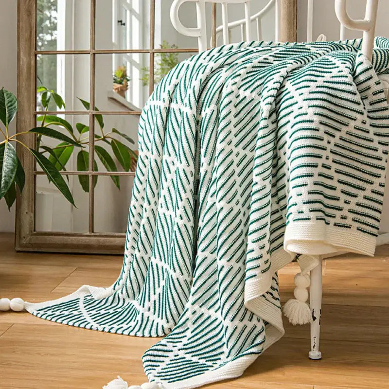 Luxury plaid decorbites knit sofa blanket in green and white with geometric pattern and tassels for bedroom decorbites knit sofa