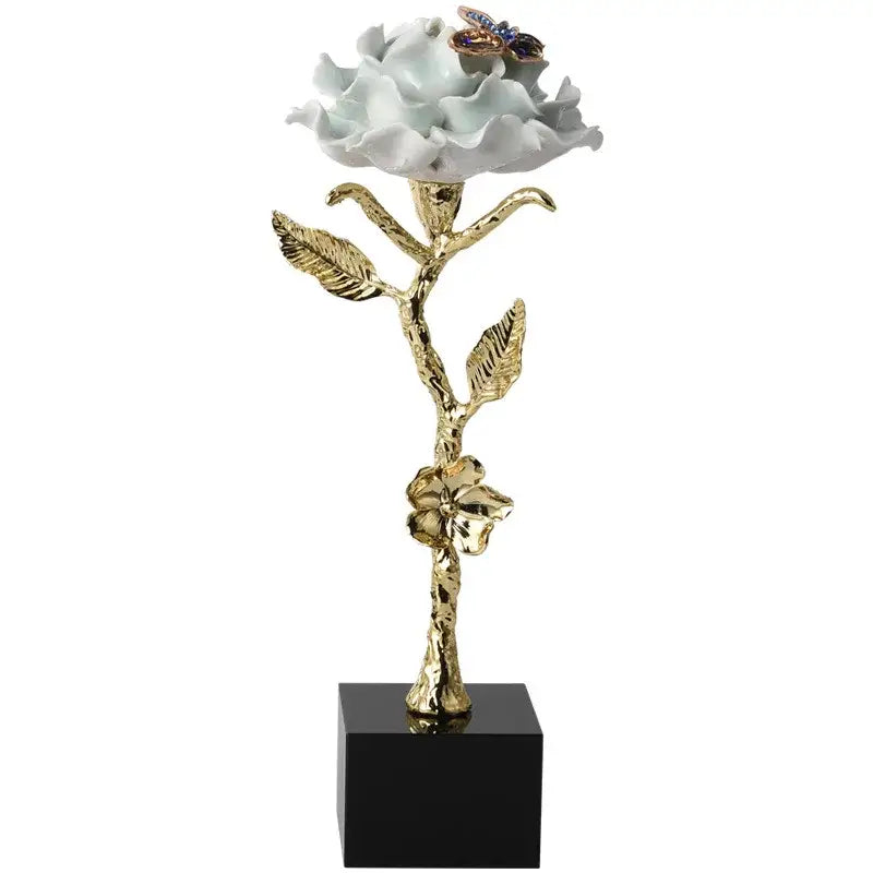 Luxury crystal rose decor with delicate white porcelain petals gold-toned stem and jeweled butterfly for living room