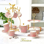 Elegant luxury red and gold porcelain coffee set with decorbites gold porcelain rack featuring teapot and cups