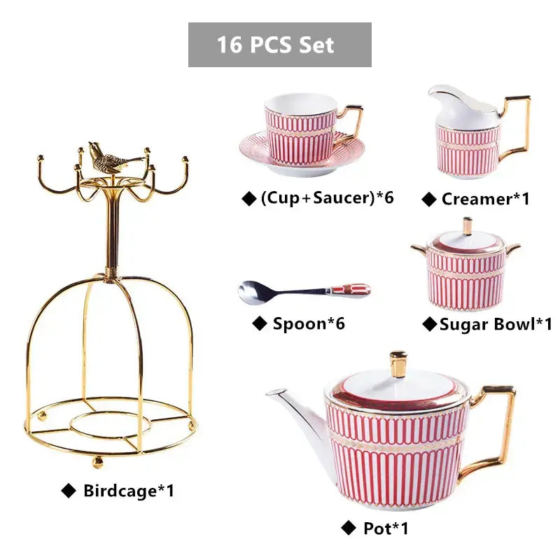 Luxury red and gold porcelain coffee set dining room serving rack with decorbites gold porcelain birdcage and golden bird decor