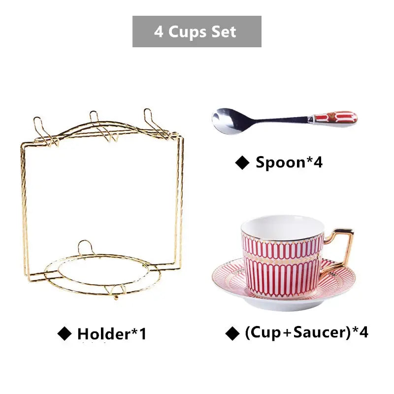 Set of four pink and white striped decorbites gold porcelain coffee cups with gold rims and matching saucers for dining room use