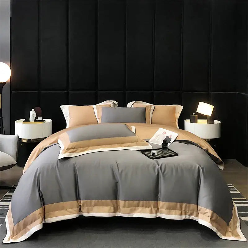 Luxury sage green and cream two-tone satin bedding set with elegant piping made from 1000tc egyptian cotton luxury