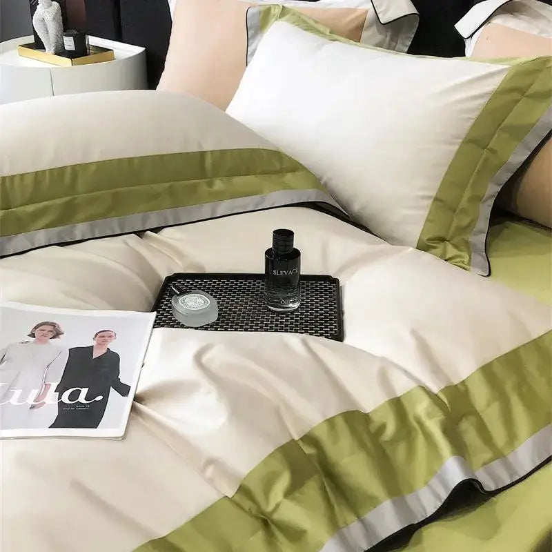 Cream-colored satin bedding set with olive green and black stripes made from 1000tc egyptian cotton luxury fabric