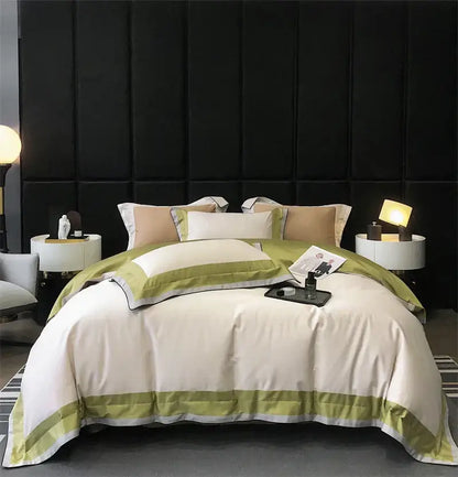 Elegant cream and sage green satin bedding set with crisp white piping made from 1000tc egyptian cotton luxury