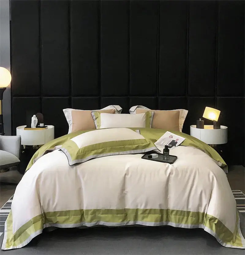 Elegant cream and sage green satin bedding set with crisp white piping made from 1000tc egyptian cotton luxury