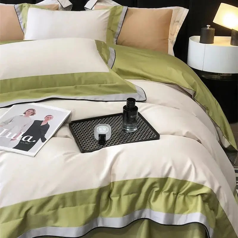 Elegant cream and olive green striped satin bedding set with white and black trim in 1000tc egyptian cotton luxury