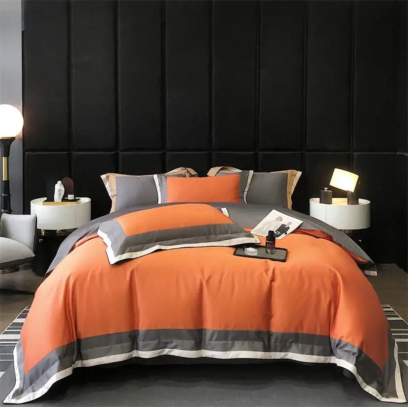 Orange and gray bedding set with modern layered design and contrasting stripes made of 1000tc egyptian cotton luxury