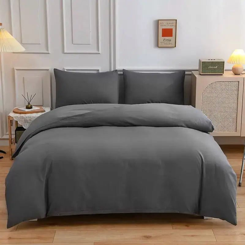 Luxury satin light gray duvet cover set with matching pillowcases featuring smooth fabric and minimalist design decorbites light gray