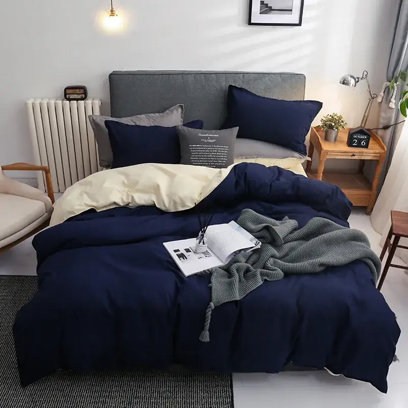 Luxury satin navy duvet cover set with matching pillows and cream comforter for decorbites light gray bedroom bedding