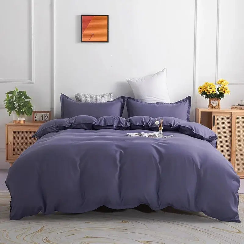 Purple satin duvet cover set with matching pillows featuring smooth texture ideal for decorbites light gray bedroom decor