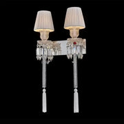 Luxury silver crystal wall lamp with two white pleated shades ornate metalwork tassels decorbites crystal wall lamp