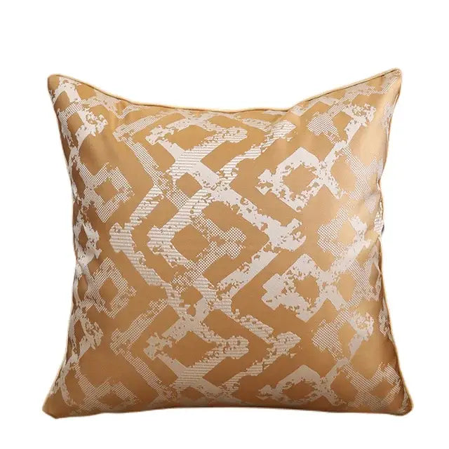 Gold-toned luxury cushion cover with white geometric pattern in textured jacquard fabric for bedroom use