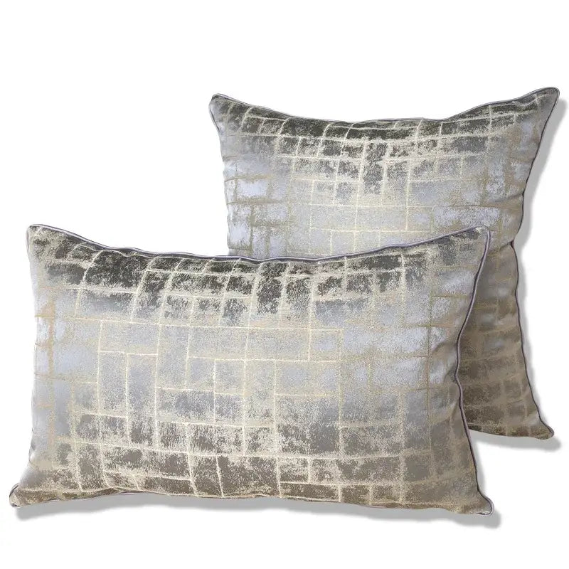 Luxury silver quilted jacquard cushion cover with a silver and gray textured grid pattern for bedroom use