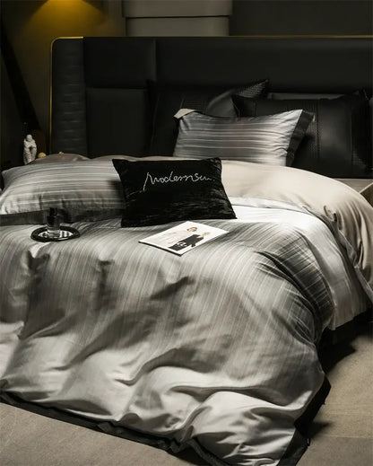 Silver-striped satin duvet cover bedding set with black velvet accent pillow in taupe beige lyocell cotton decorbites light luxury