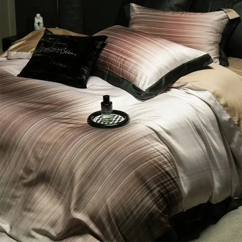 Luxurious taupe and beige striped lyocell cotton bedding set with satin finish and black velvet trim by decorbites light luxury