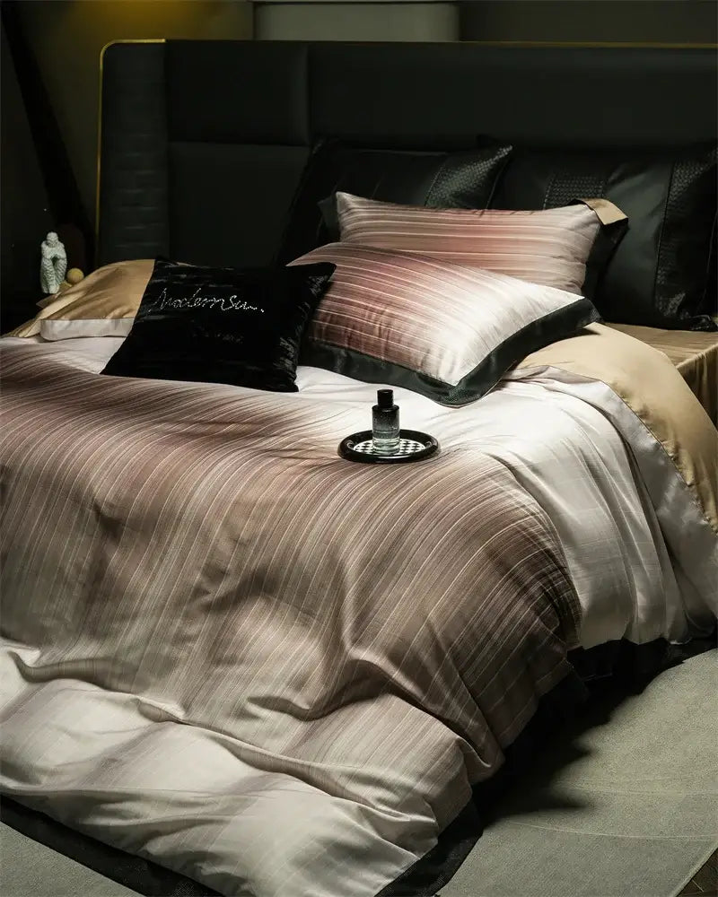 Luxury taupe and beige striped lyocell cotton bedding set with soft satin-like texture for decorbites light luxury bedroom