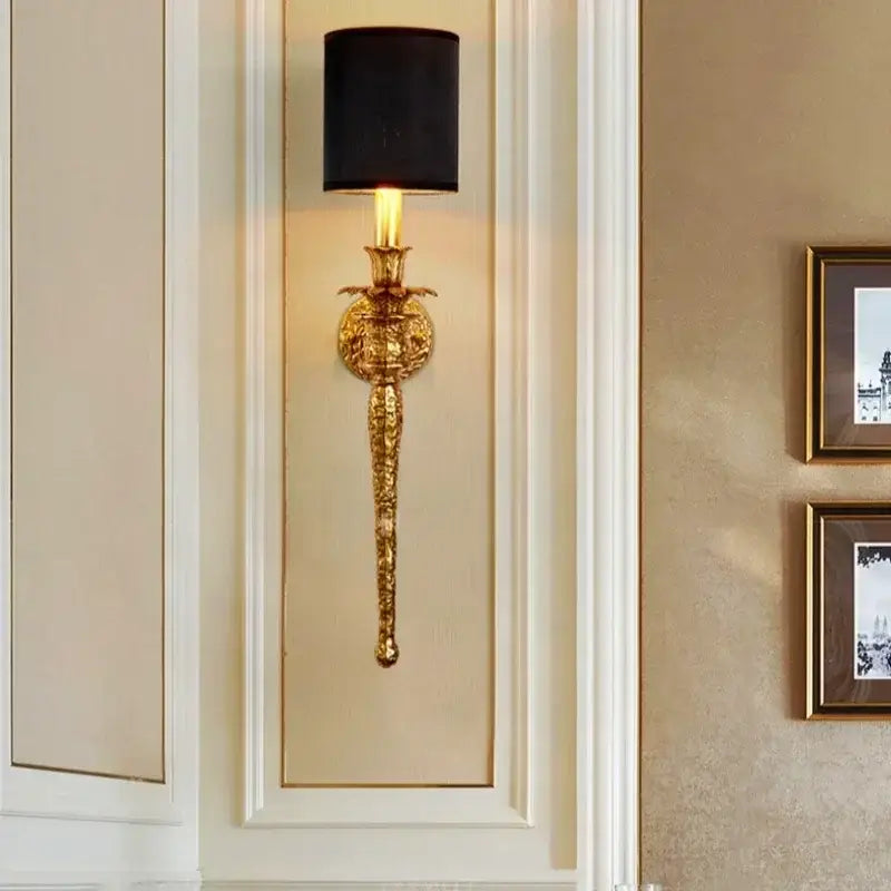 Luxury textured gold and black wall lamp ornate sconce with black cylindrical shade for elegant bedroom decorbites copper wall lamp