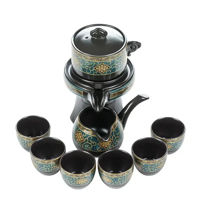 Luxury turquoise and gold black ceramic kung fu tea set with intricate floral patterns for dining room use