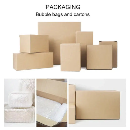 Brown cardboard boxes of various sizes with bubble wrap containing a luxury white and gold marble bathroom set with emerald marble accents