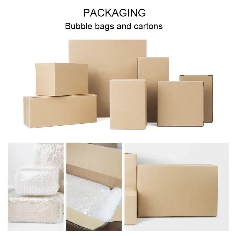 Brown cardboard boxes of various sizes with bubble wrap containing a luxury white and gold marble bathroom set with emerald marble accents