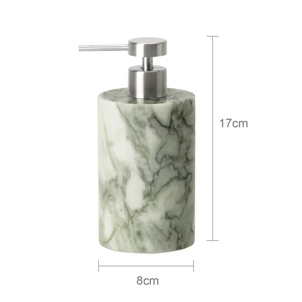 A sleek 17cm tall cylindrical soap dispenser with emerald marble pattern and brushed stainless steel pump for marble bathroom set