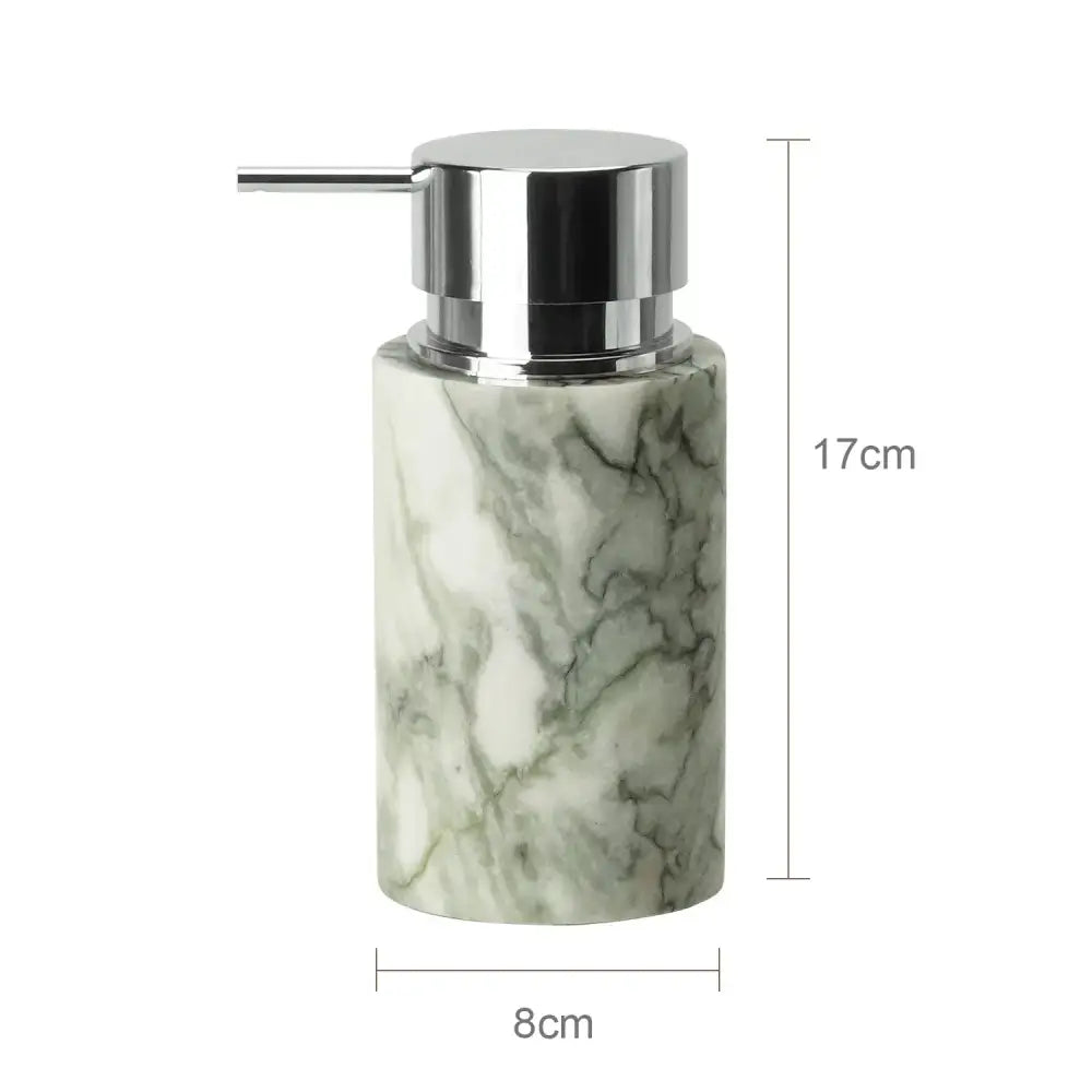 A sleek 17cm soap dispenser with white and green emerald marble body and polished chrome pump from marble bathroom set