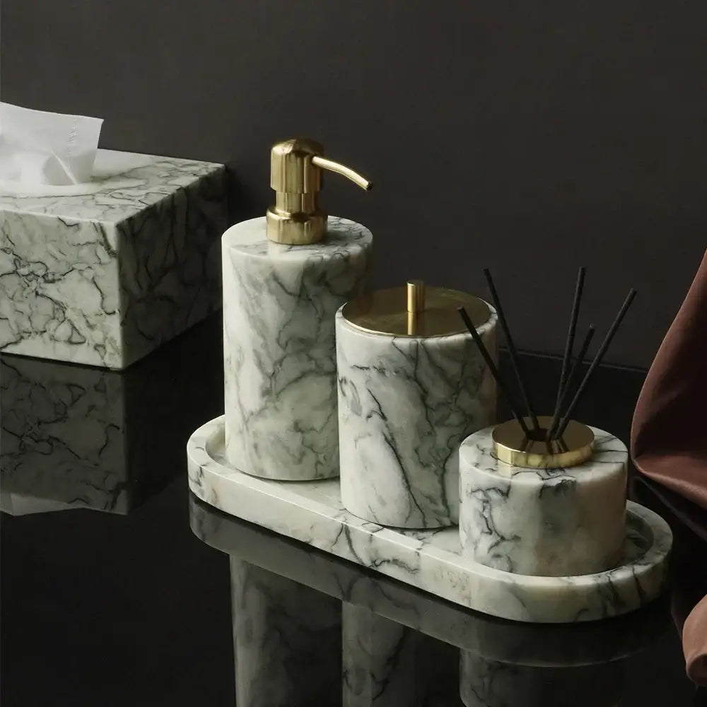 Luxury white and gold marble bathroom set with emerald marble accents and gold-tone metal details for emerald marble bathroom