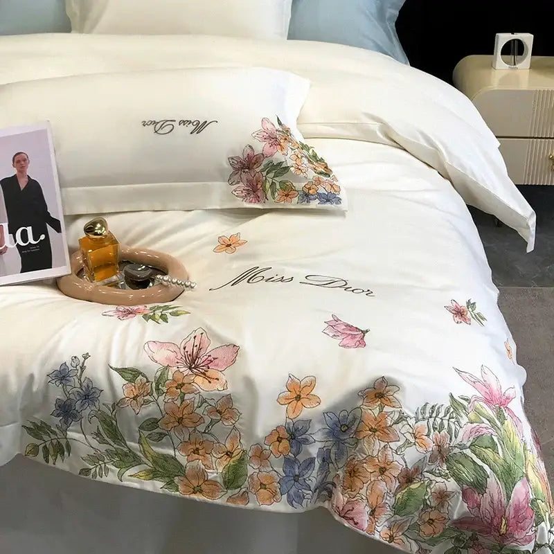 Luxury white floral egyptian cotton bedding set with colorful cotton flowers embroidery and miss dior script in bedroom decor