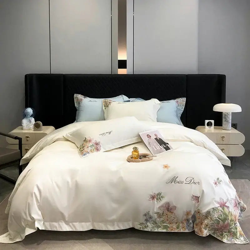 Luxury white floral bedding set in egyptian cotton with cotton flowers embroidery and miss dior embroidery detail