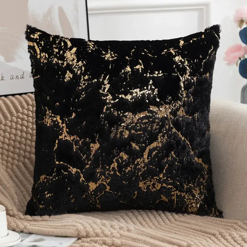 Black velvet cushion cover with gold marble pattern and frayed edges for luxury decorbites golden fur cushion decor