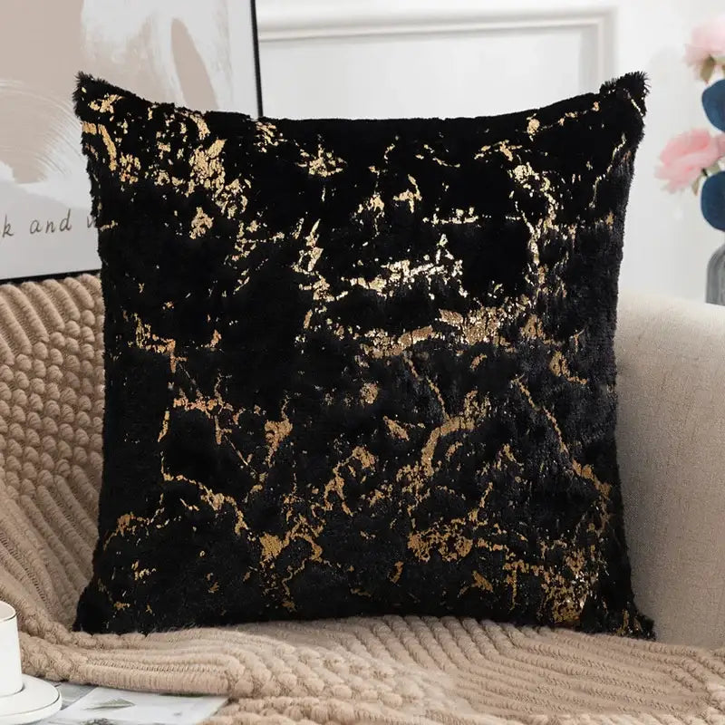 Black velvet cushion cover with shimmering gold marble pattern and frayed edges for luxury decorbites golden fur decor