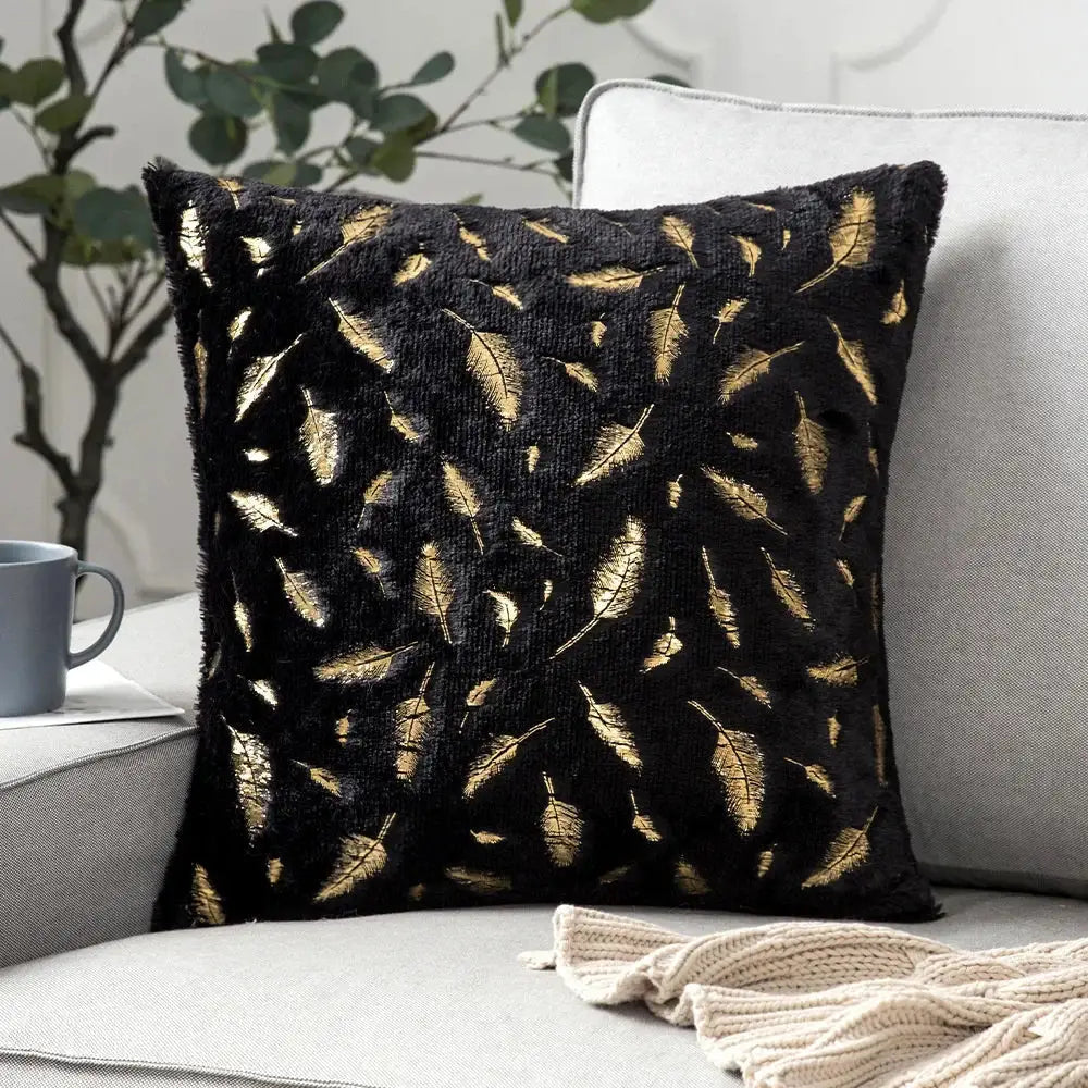 Black plush cushion cover with scattered gold feather embroidery for decorbites golden fur cushion decor