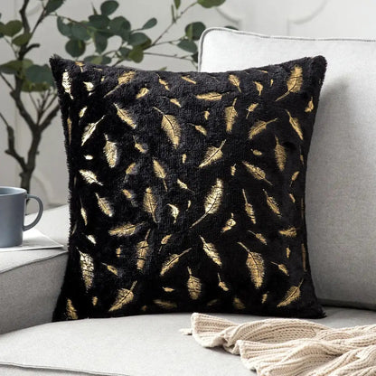 Black plush cushion cover with scattered gold feather embroidery for decorbites golden fur cushion decor