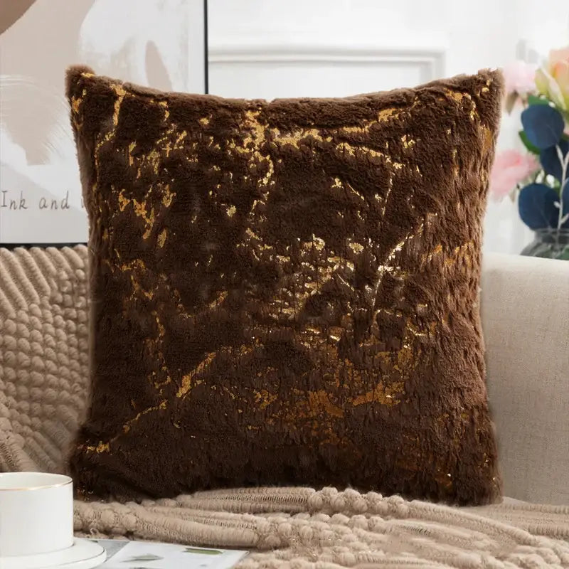 Brown faux fur throw cushion cover with gold leaf pattern luxury decorbites golden fur cushion for bedroom decor