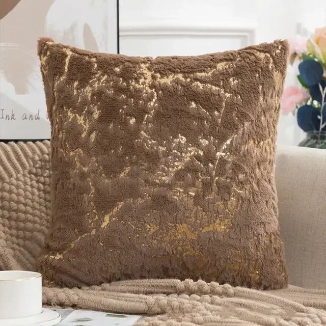 Brown plush throw pillow with shimmering gold leaf pattern luxury white and gold fur cushion cover bedroom decorbites golden fur cushion