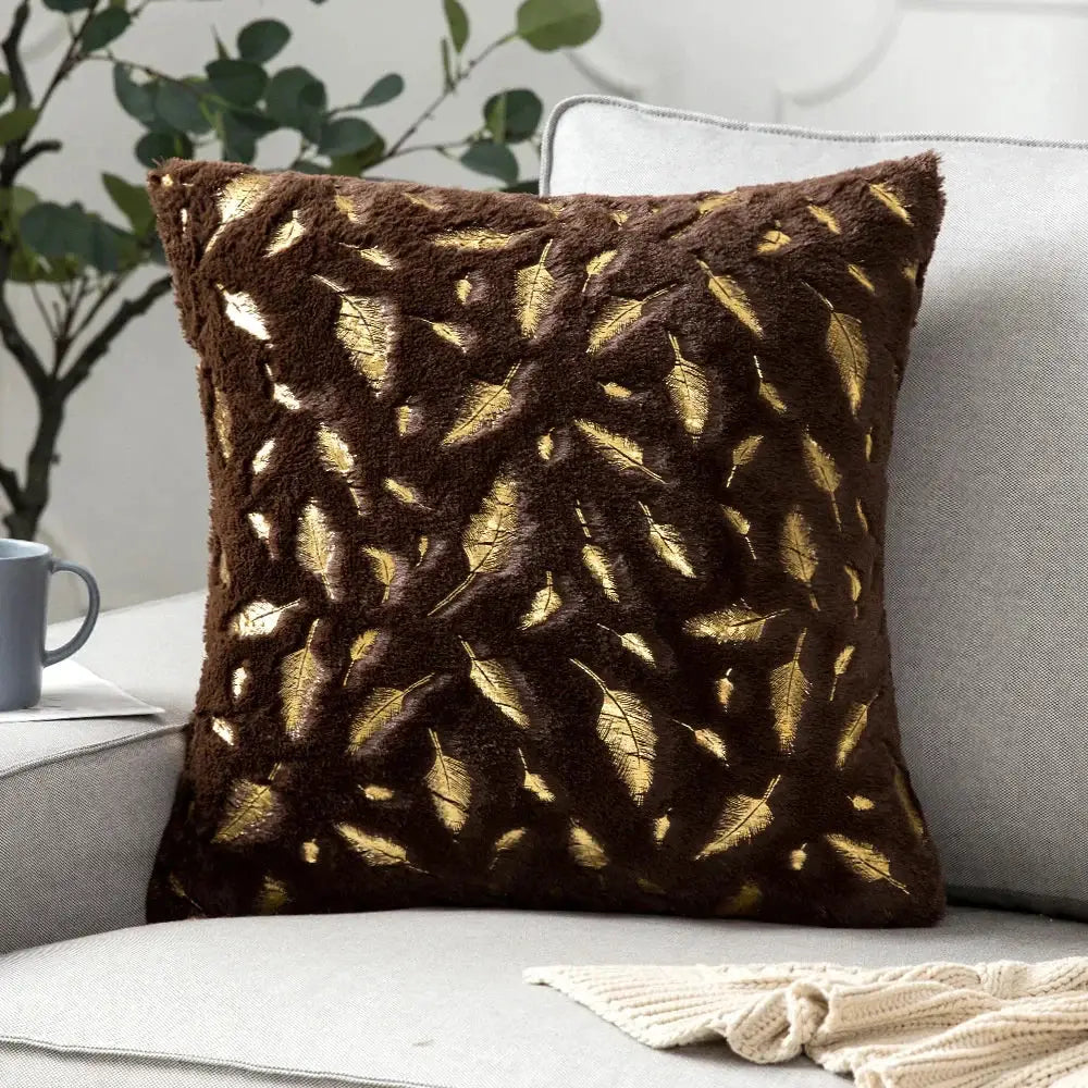Brown plush throw pillow with metallic gold leaf patterns luxury golden fur cushion cover for bedroom decorbites golden fur
