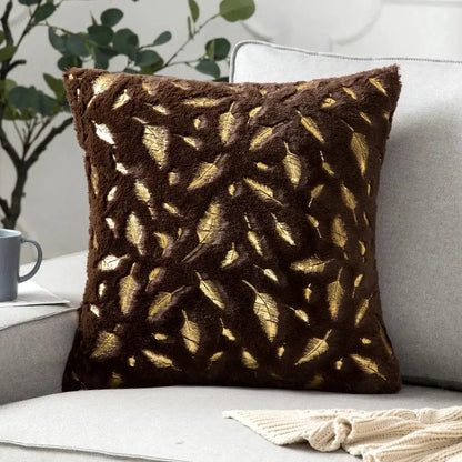 Brown plush throw pillow with metallic gold leaf patterns luxury golden fur cushion cover for bedroom decorbites golden fur