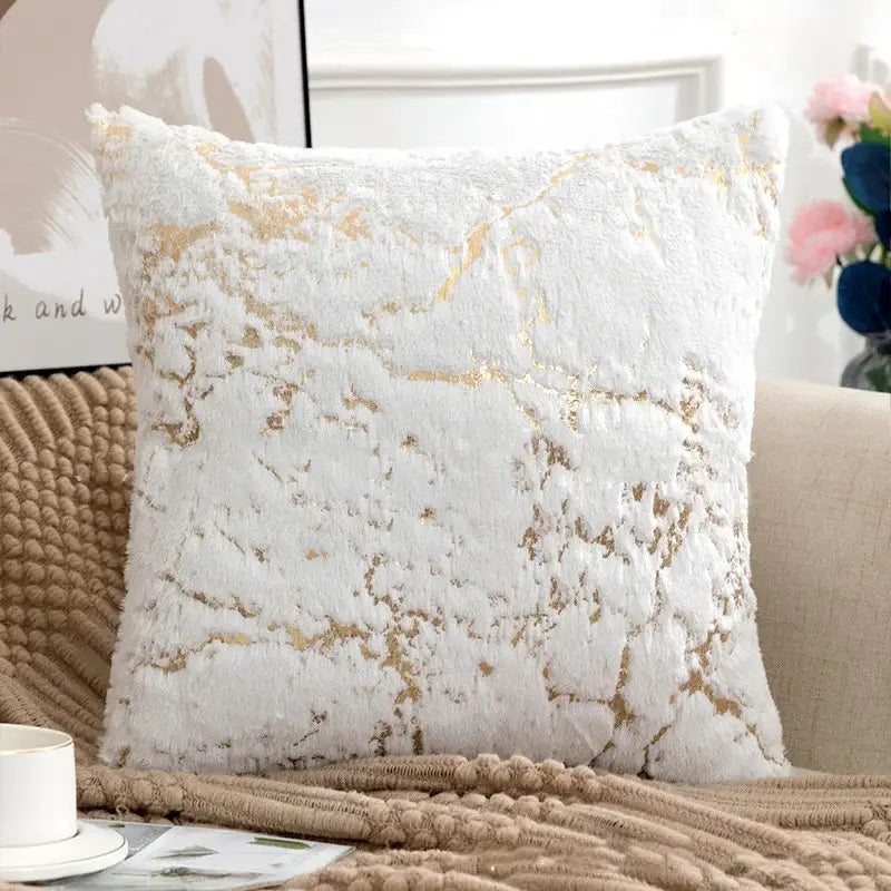 Luxury white and gold faux fur cushion cover with a gold marble pattern for elegant bedroom decorbites golden fur decor