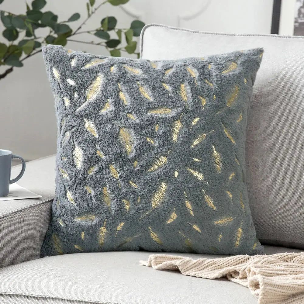 Luxury gray plush cushion cover with embroidered gold feather patterns for decorbites golden fur cushion decor