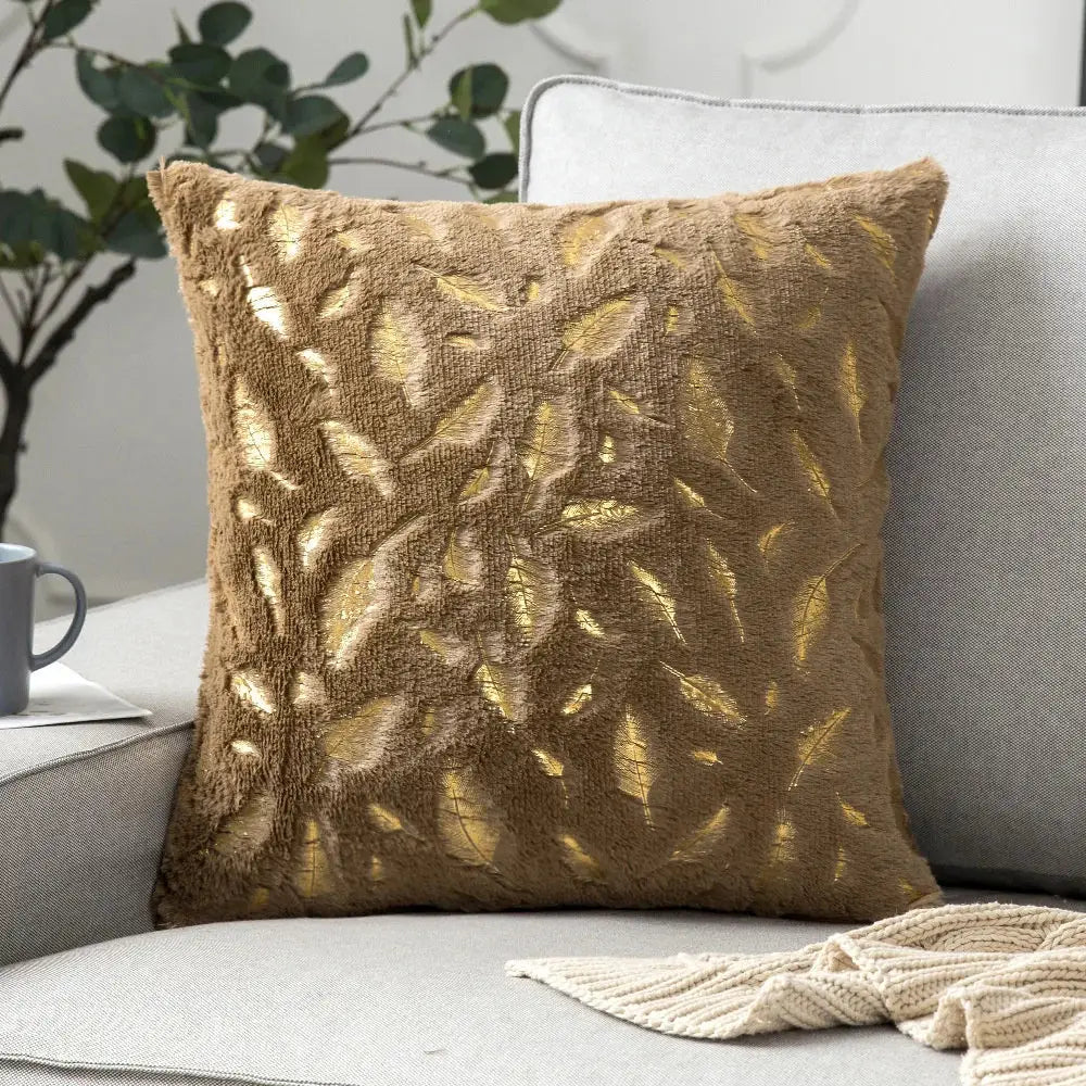 Luxury brown textured cushion cover with embossed metallic gold leaf pattern perfect for decorbites golden fur decor