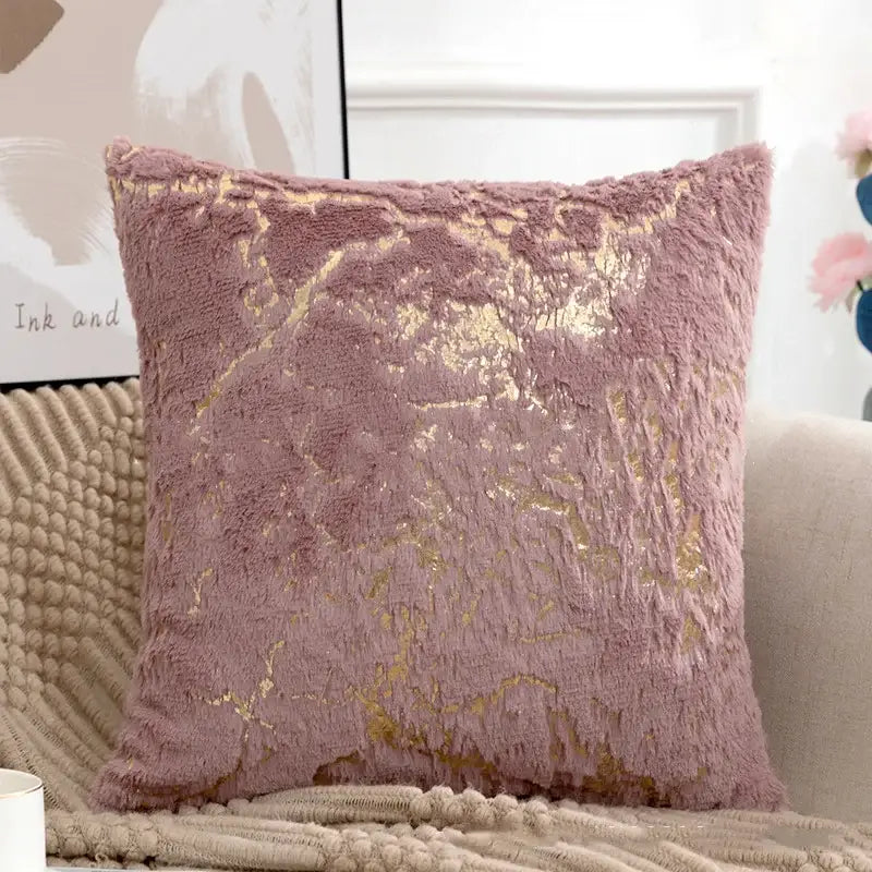 Luxury white and gold fur cushion cover with plush dusty rose textured faux fur and golden fur cushion accents