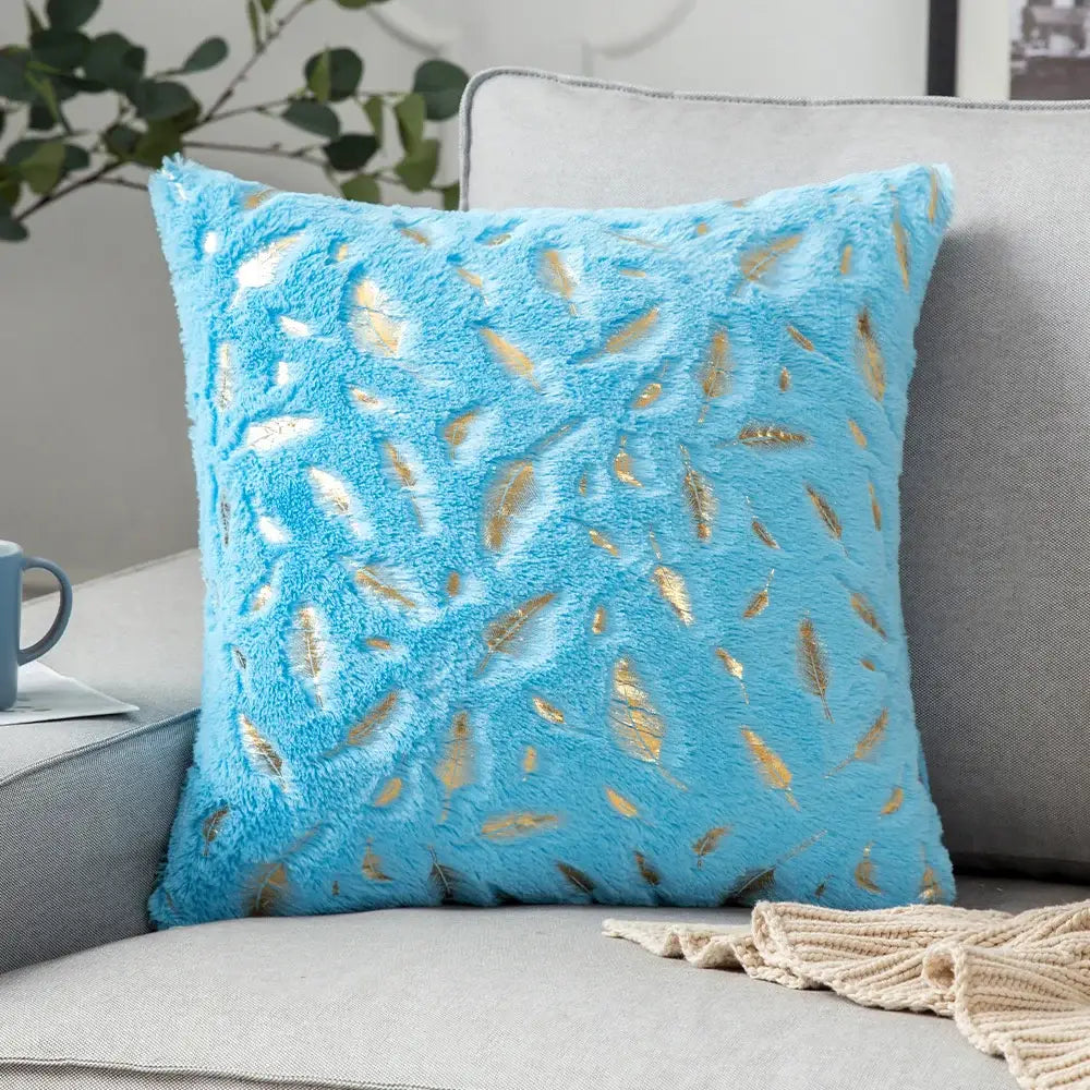 Luxury white and gold fur cushion cover with light blue plush texture and golden fur decorbites patterns for bedroom decor