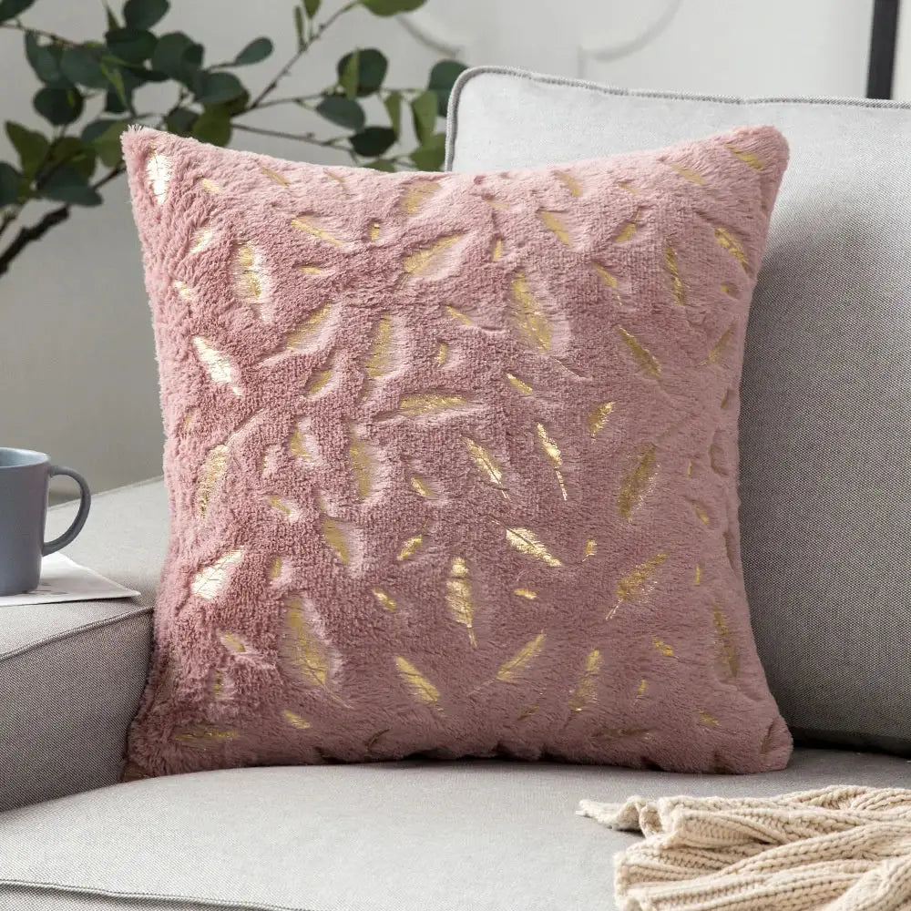 Luxury pink plush cushion cover with textured golden fur leaf patterns decorbites golden fur bedroom decorbites golden fur cushion