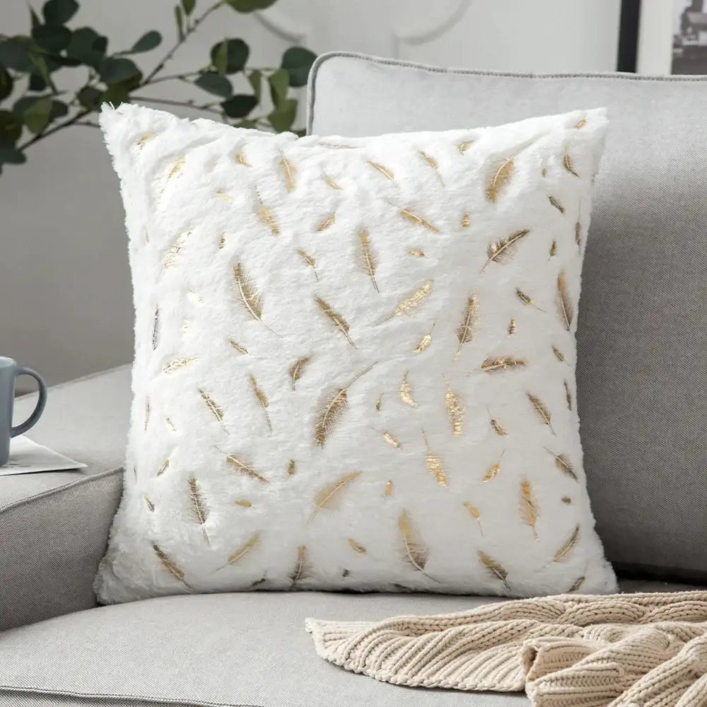 Luxury white and gold fur cushion cover with embroidered gold feather patterns for elegant decorbites bedroom decor