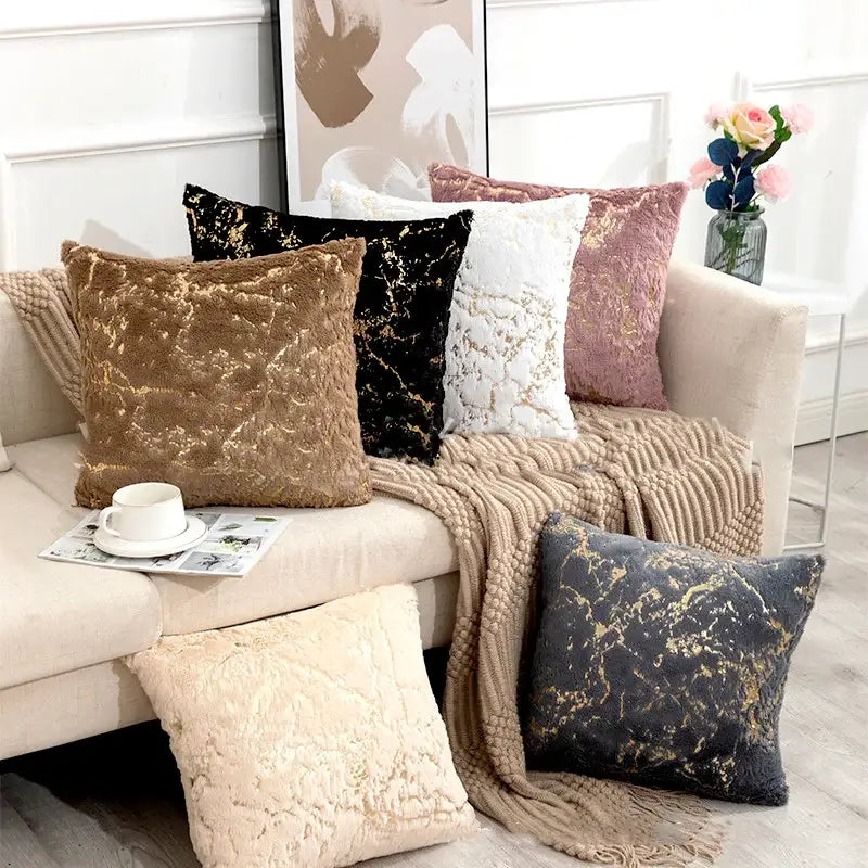 Luxury white and gold fur cushion cover with plush velvet throw pillows in earthy tones for elegant decorbites golden fur decor
